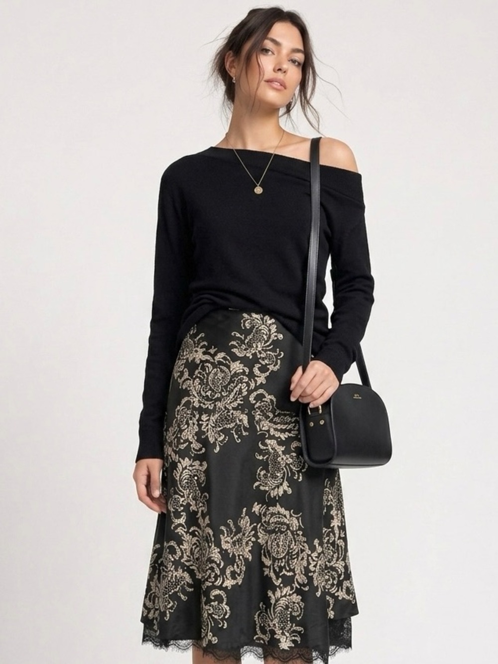 White House Black Market Silk Skirt 2 Black Ivory Baroque Floral WHBM Gothic - Picture 1 of 14